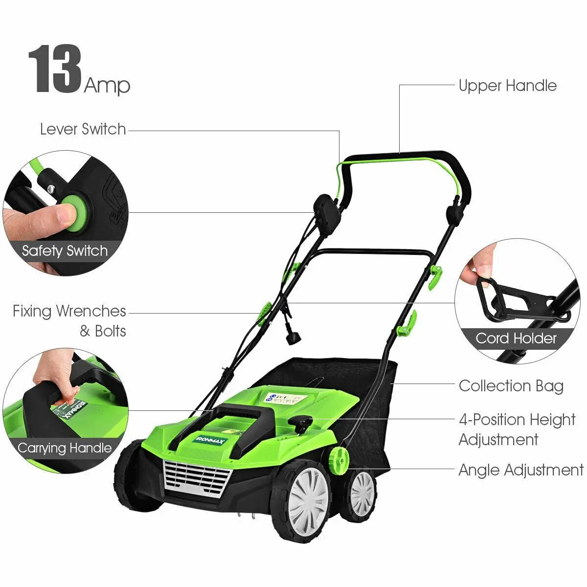 15 Inch 13 Amp Electric Scarifier with Collection Bag and Removable Blades, photo 8 of 9