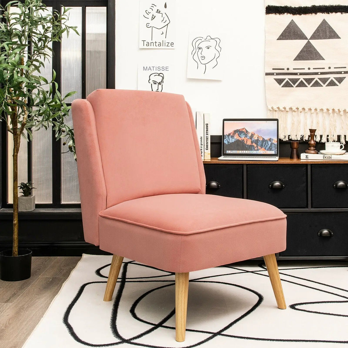 Velvet Accent Armless Side Chair with Rubber Wood Legs for Bedroom, photo 3 of 24