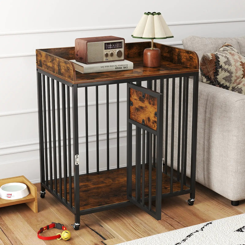 27.5 Inch Dog Crate Furniture with Wheels for Small Dogs and Puppies-Rustic Brown by DirectDeals