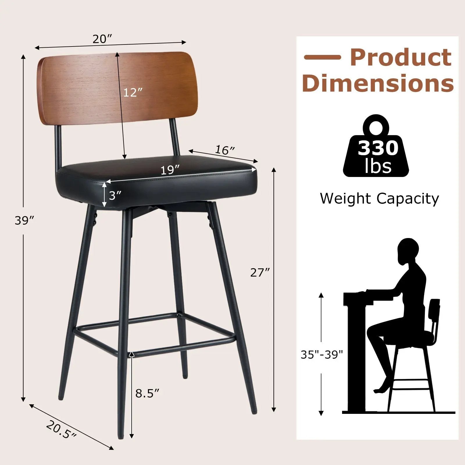 27 Inch Padded Counter Barstools Set of 2 with Metal Legs by DirectDeals