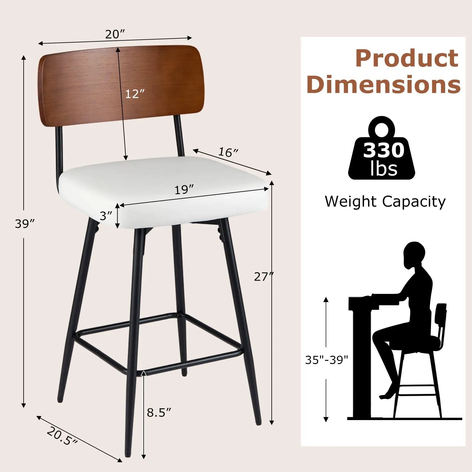 27 Inch Padded Counter Barstools Set of 2 with Metal Legs by DirectDeals