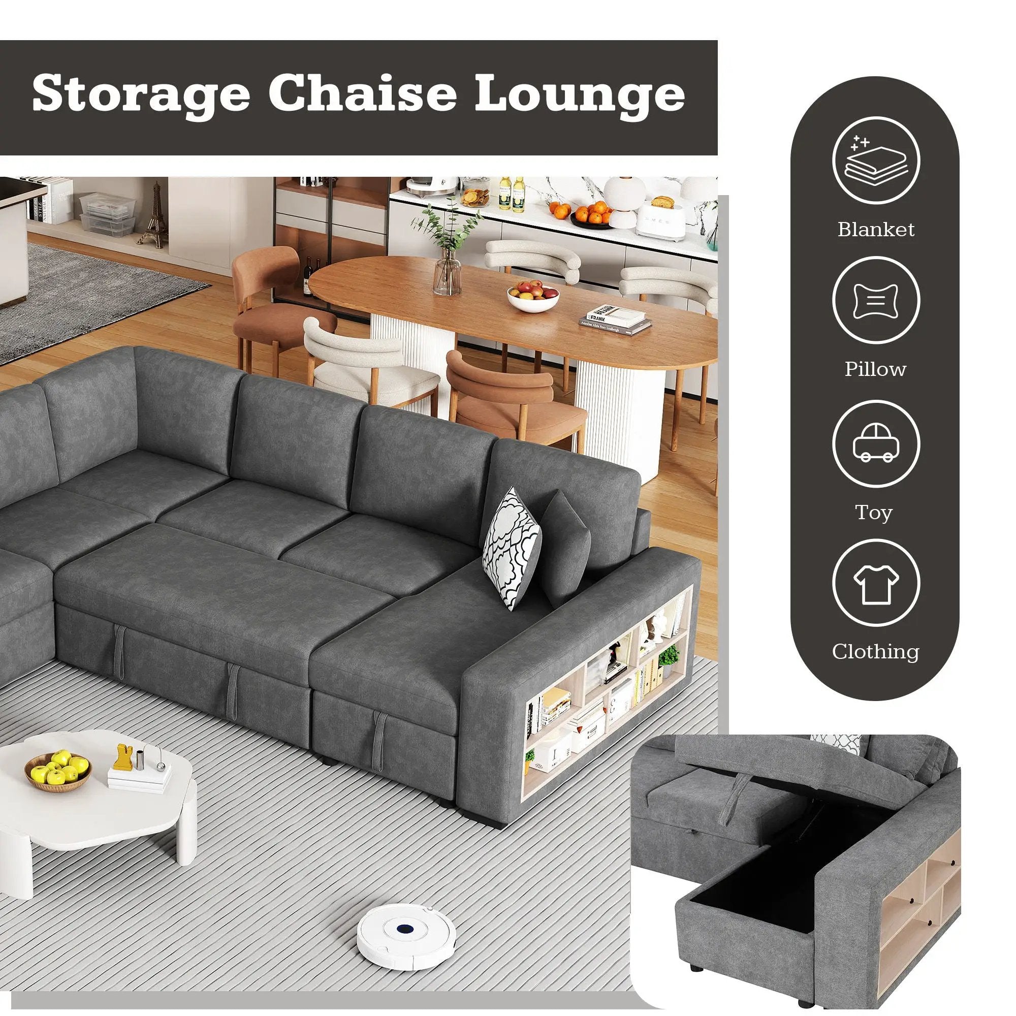 U-Shaped Sectional Sofa Pull-Out Sofa Bed With Two USB Ports, A Storage Chaise Lounge And Four Back Pillows For Living Room by Unique Piece Furniture