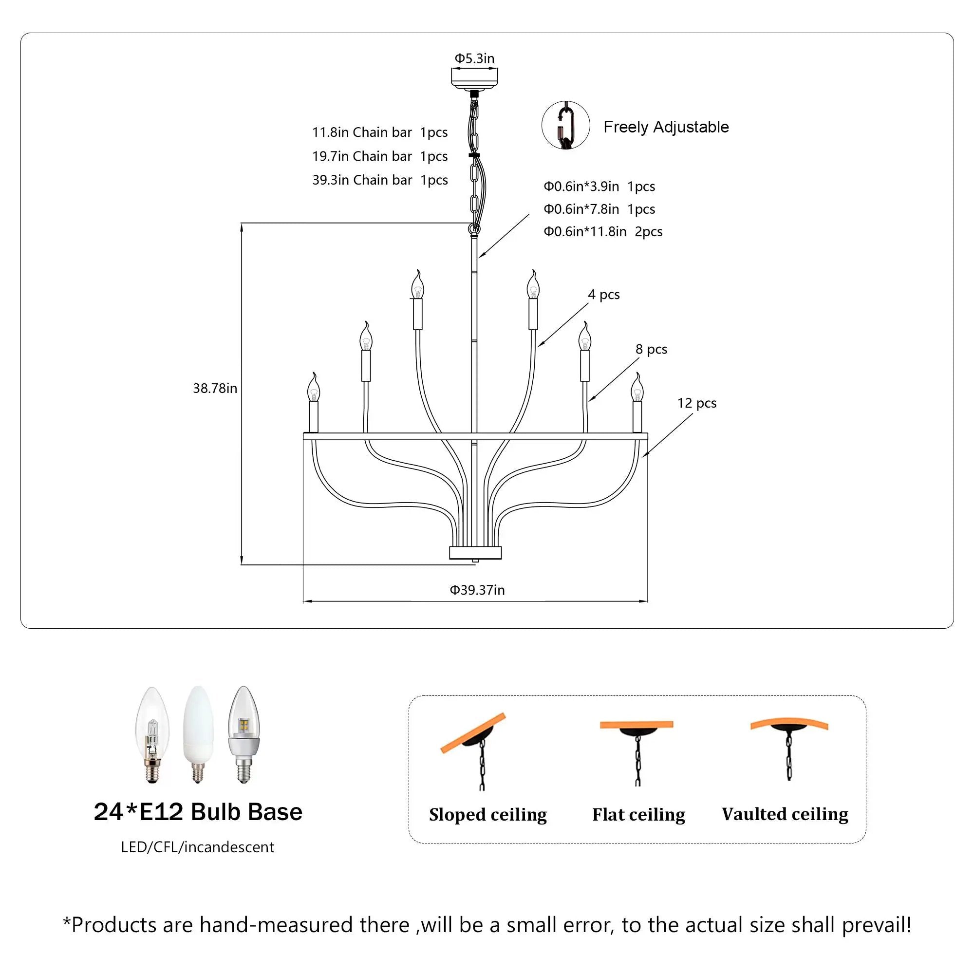 24 Light Chandelier Industrial Iron Candle Chandelier Modern Suspended Farmhouse Chandeliers Pendant Light Fixtures For Dining Room Bedroom Living Room Kitchen Island Foyer E12 Bulb (No Include) - Black by HouseOfZazla