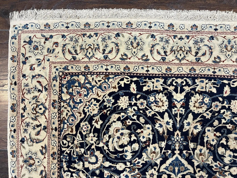 Very Fine Persian Nain Rug 3.7 x 6, Floral Medallion, Wool and Silk Accents, Highly Detailed, Hand Knotted Oriental Carpet, Navy Blue Ivory/Cream by Jewel Rugs