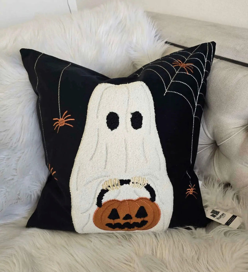 Halloween Ghost with Pumpkin Bucket Throw Pillow Set of 2 by HouseOfZazla