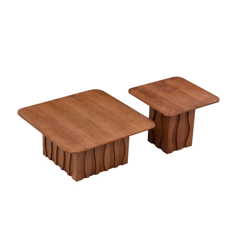 2PCS Nesting Square Coffee Table Mid-Century Wavy Fluted Base by HouseOfZazla