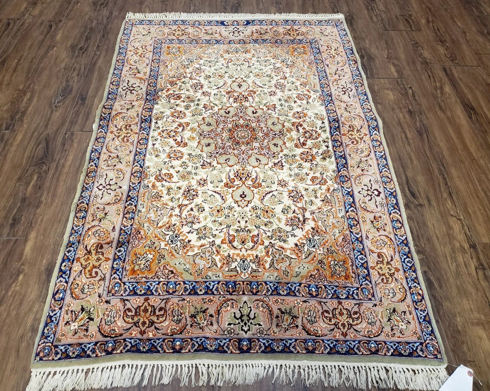 Vintage Persian Isfahan Lachak Toranj Rug, Highly Detailed, Kork Wool on Silk Foundation, Beige and Dark Blue, Hand-Knotted, 3'6" x 5' 4" by Jewel Rugs
