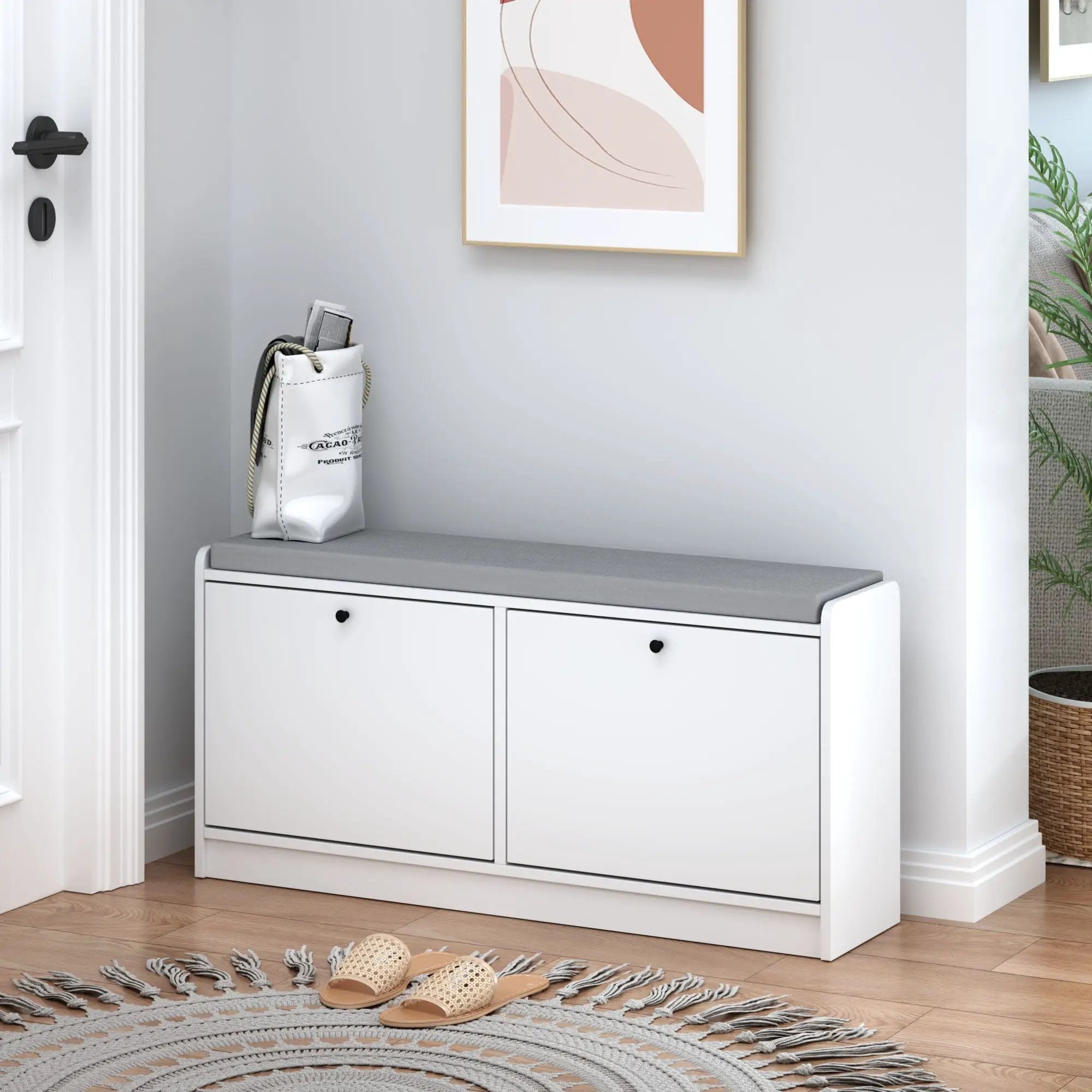 Shoe Storage Bench With Cushion, Entryway Organizer Cabinet For Hallway - White