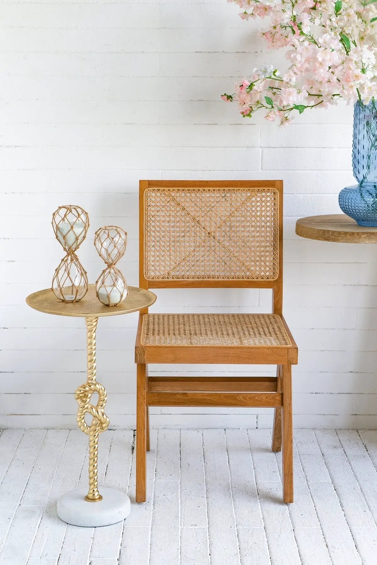 13.8x13.8x24 Gold Side Table with Rope Knot Design and White Marble Base by HouseOfZazla