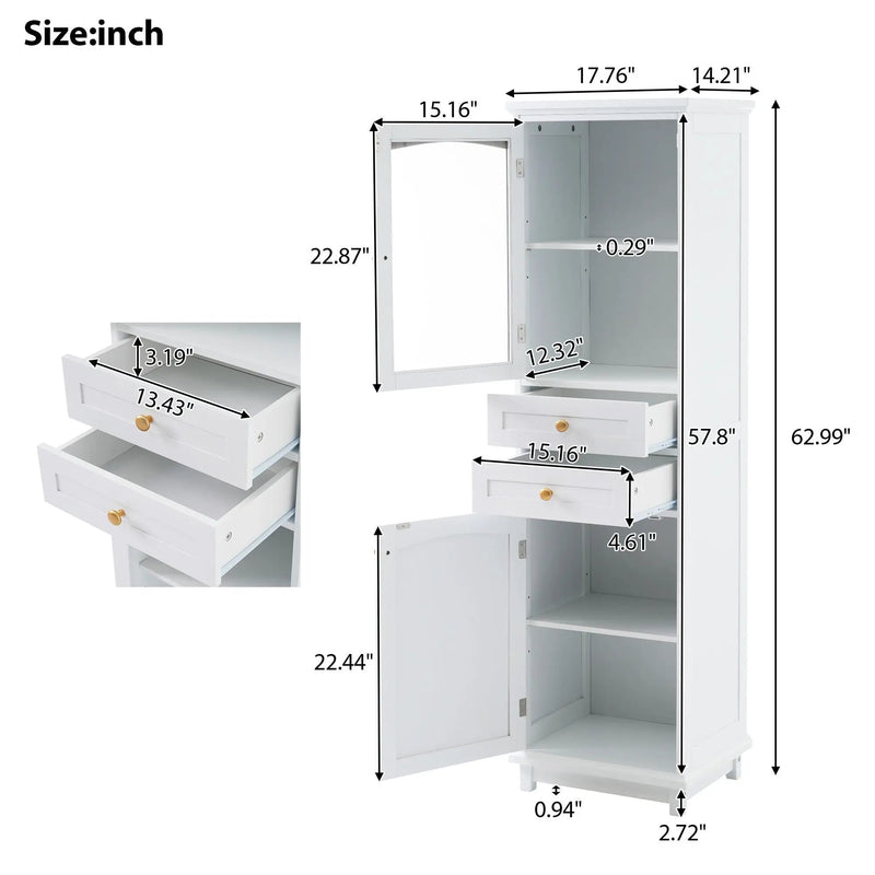 Tall Bathroom Storage Cabinet With Glass Doors, Free-Standing, Two Drawers, And Adjustable Shelves, Board, Painted Perfect For Displaying Your Favorite Items by Unique Piece Furniture