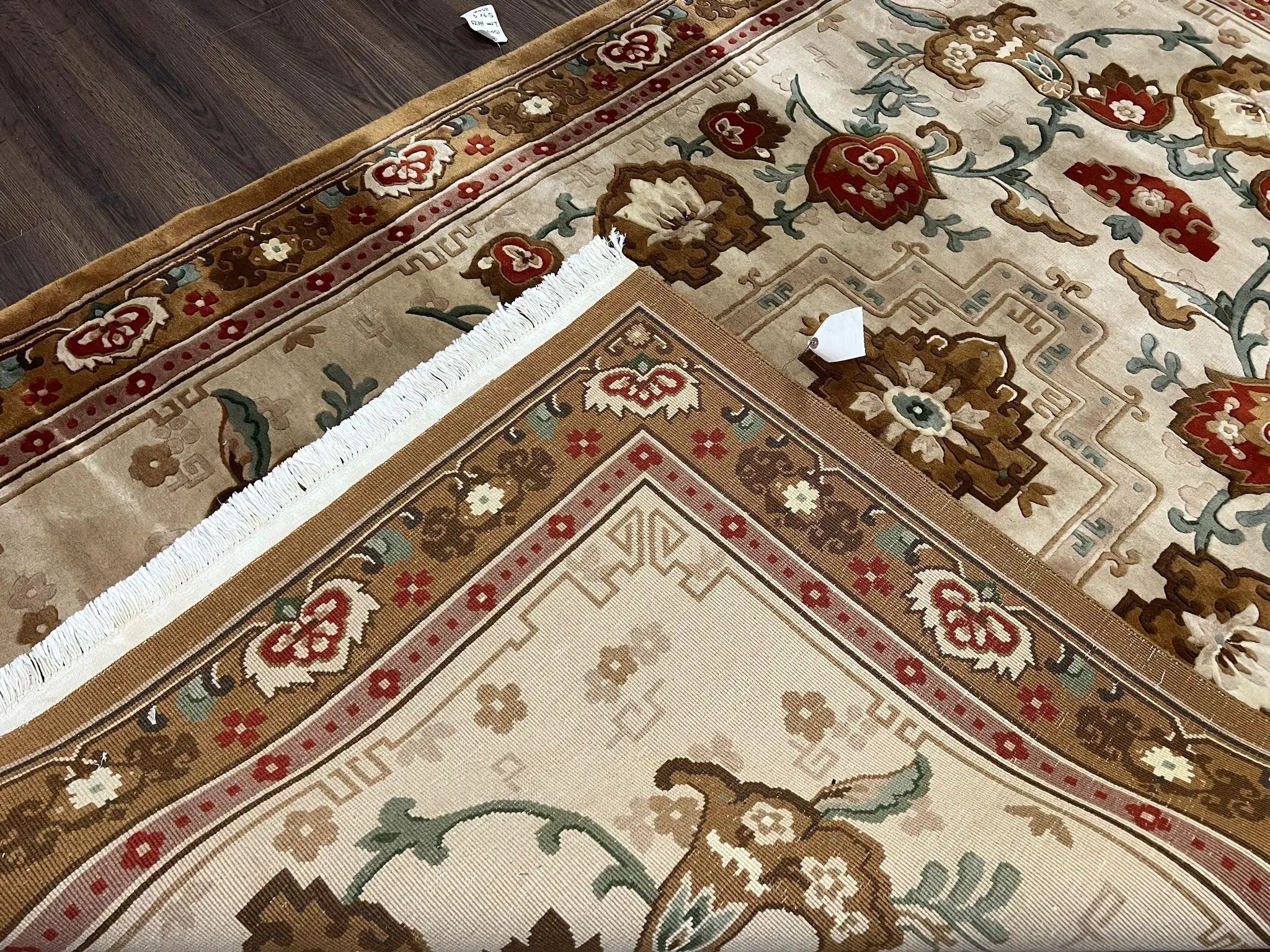 Chinese Wool Rug 5.9 x 9, Tan and Brown Asian Art Deco Carpet, Vintage 1960s Oriental Rug, Hand-Knotted Rug, Soft Wool, Medallion, Pair B by Jewel Rugs