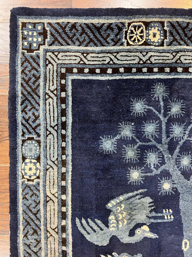 Antique Chinese Peking Rug 3x5, Dark Blue Chinese Wool Rug 3 x 5, Animal Pictorials Deer Birds, Handmade Asian Oriental Chinese Carpet by Jewel Rugs