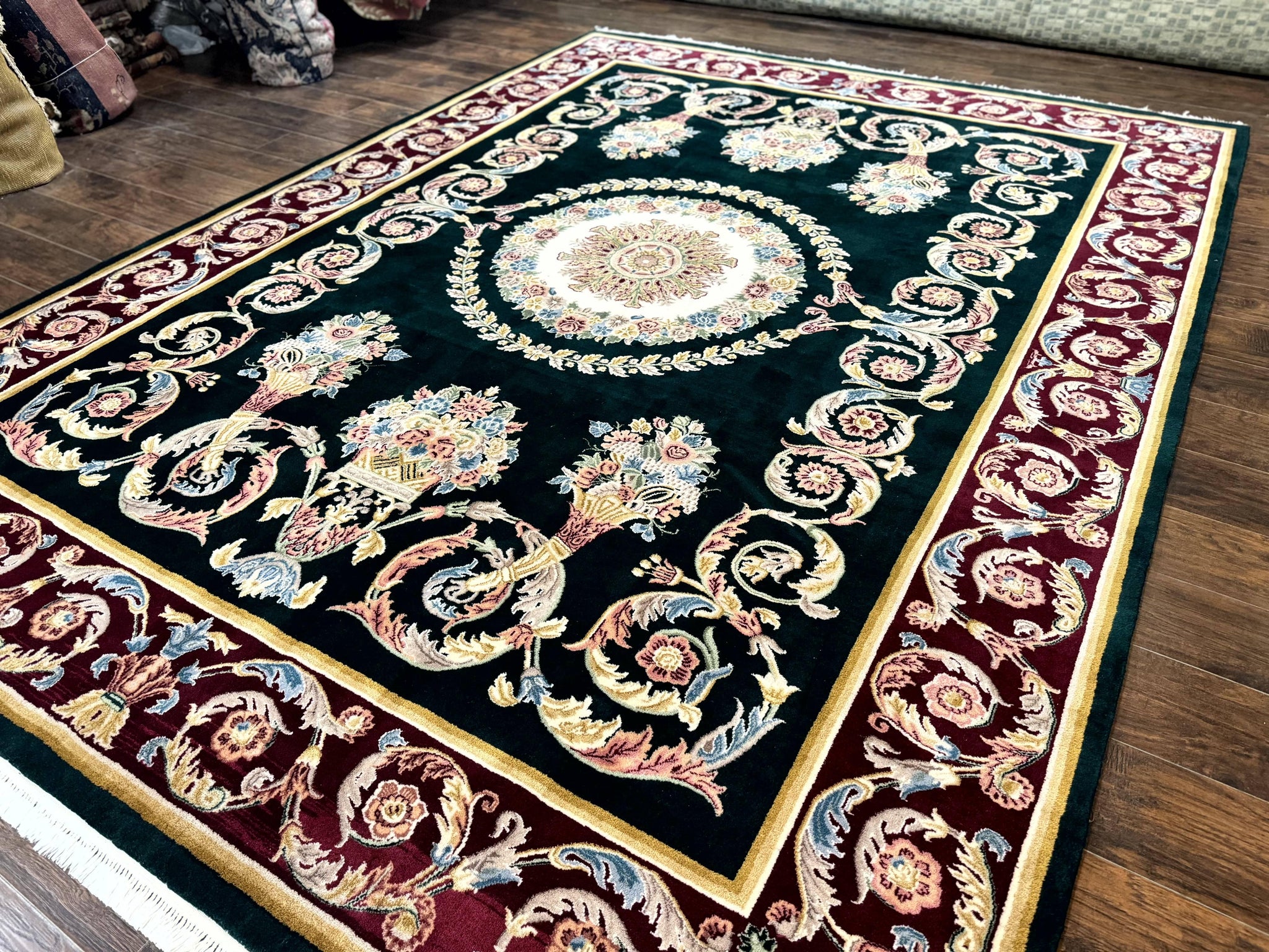 Aubusson Rug 9x12, Dark Green, European Design, Vintage Fine Handmade Carpet, Elegant by Jewel Rugs