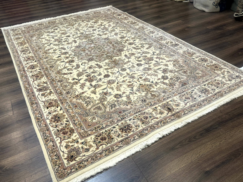 Sino Persian Rug 6x9, Floral Medallion, Ivory & Taupe, Wool with Silk Highlights, Fine 210 KPSI by Jewel Rugs