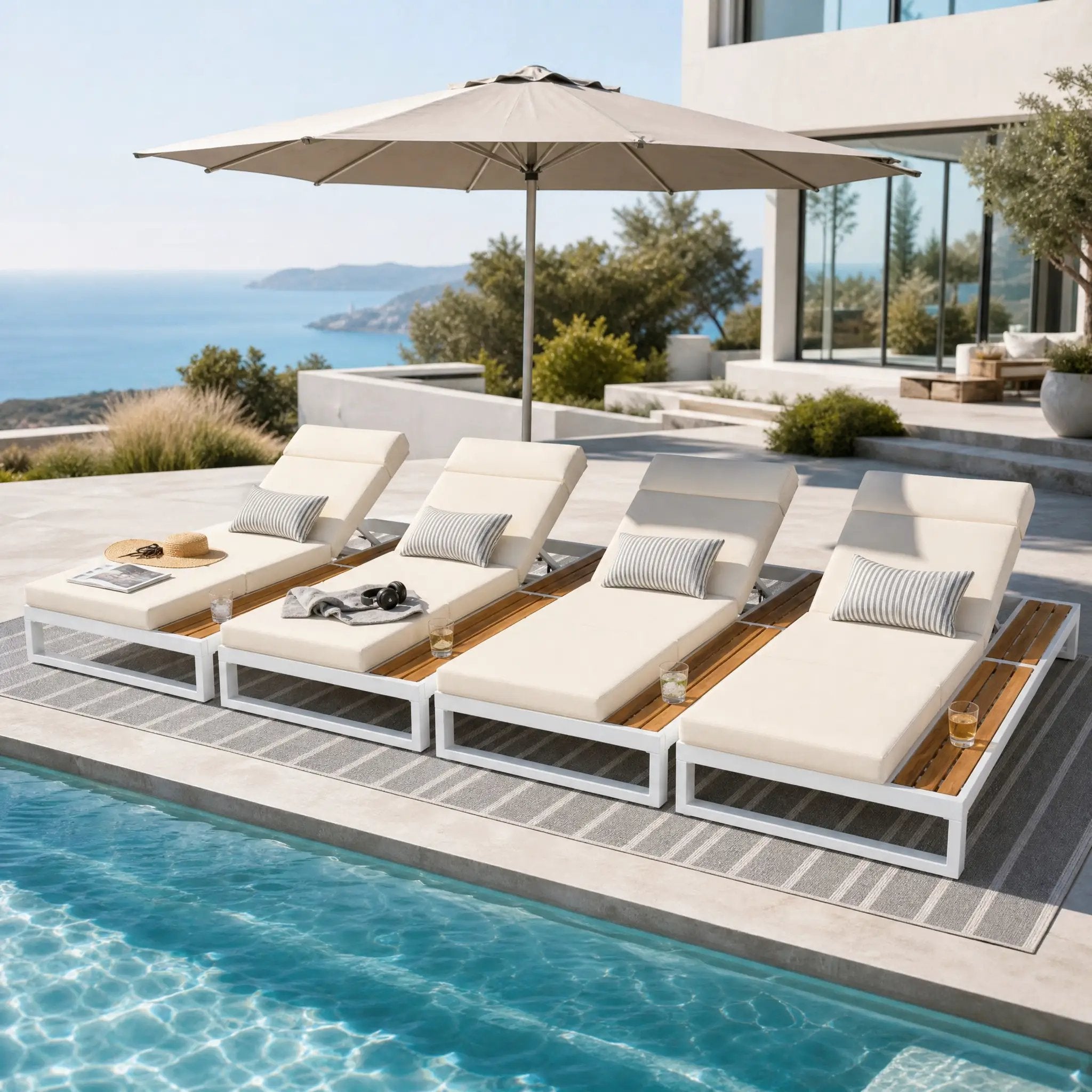 White Iron & Teak Finish Chaise Lounge Set: 1 Frame + 1 4-Fold by HouseOfZazla
