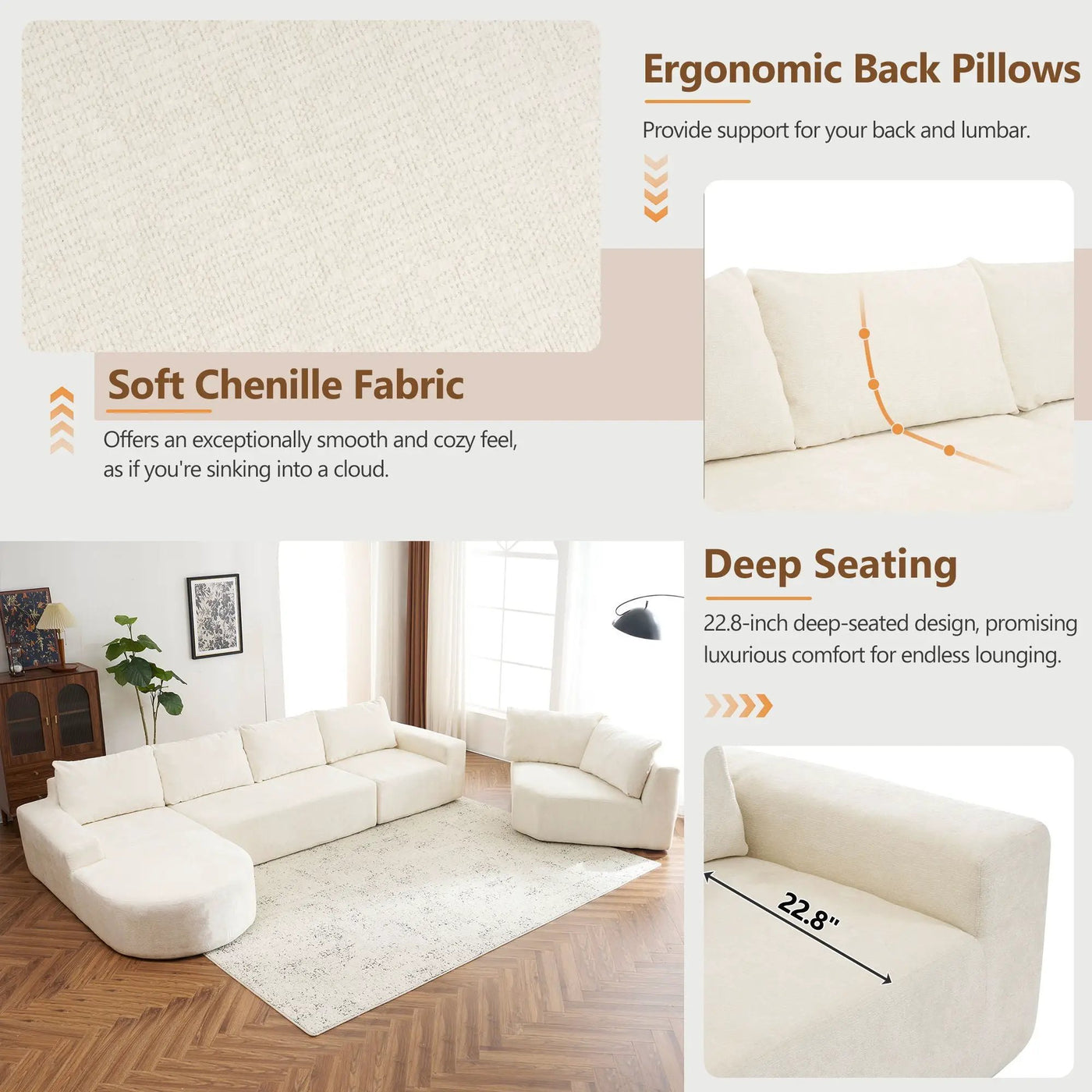 U-Shaped Oversized Modular Cloud Sectional Sofa With Deep Seat For Living Room by Unique Piece Furniture