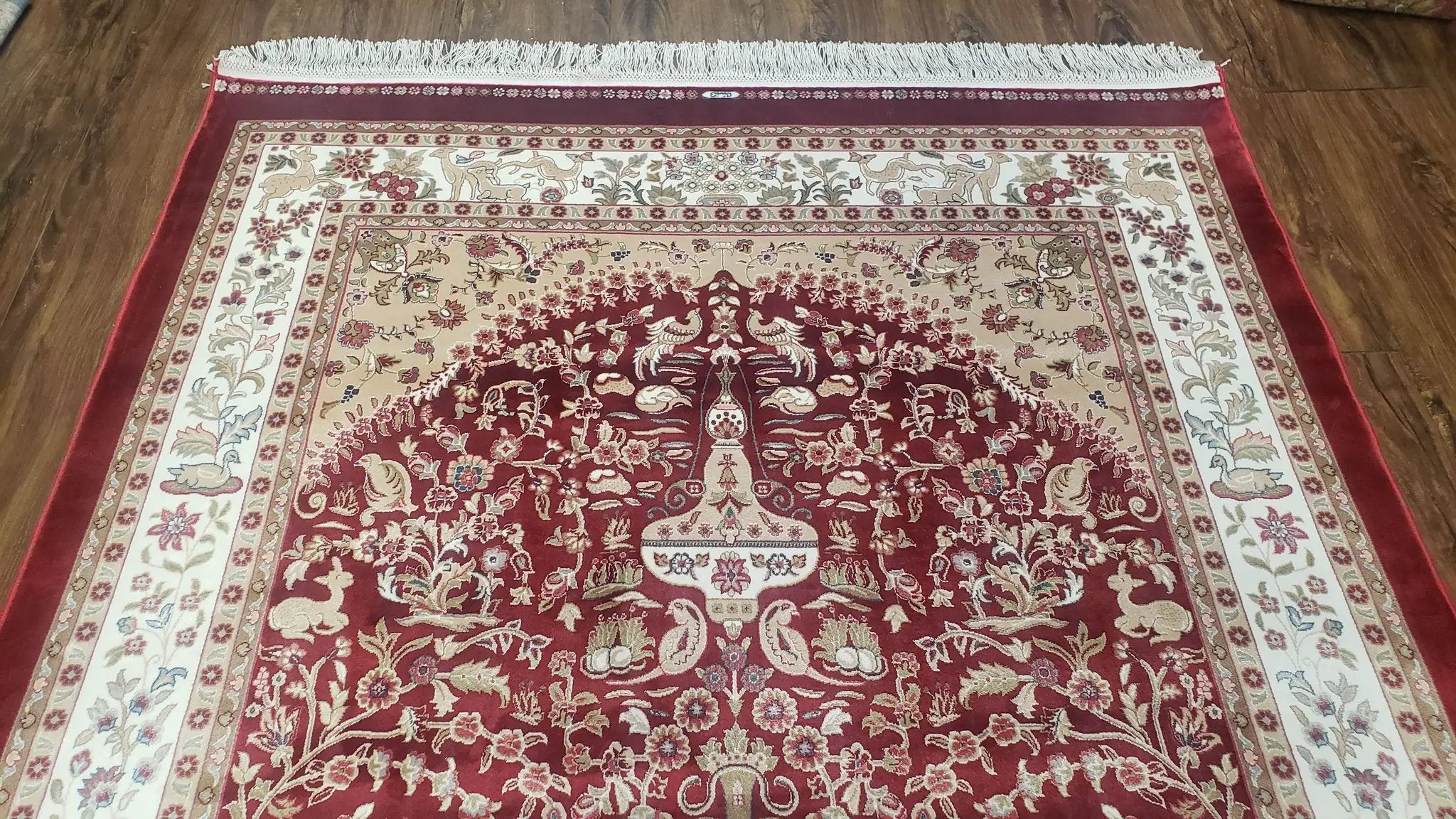 Silk Carpet 4x6 Dark Red & Cream, Tree of Life Rug, Animal Motifs, Birds Deer Rabbits, All Bamboo Silk, 4 x 6 Silk Area Rug by Jewel Rugs
