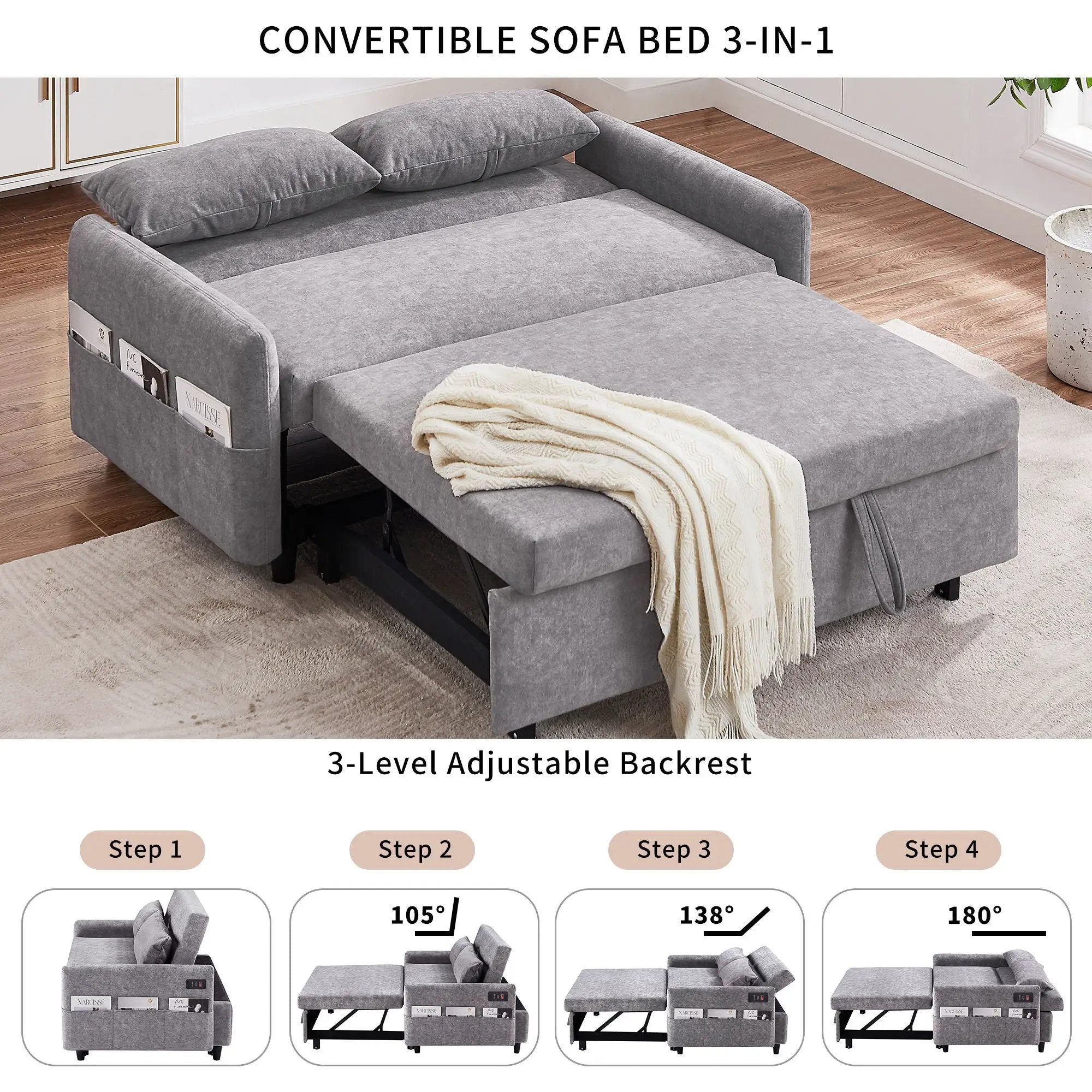 Pull Out Sleep Sofa Bed Loveseats Sofa Couch With Adjsutable Backrest, Storage Pockets, 2 Soft Pillows, USB Ports For Living Room, Bedroom, Apartment, Office by HouseOfZazla