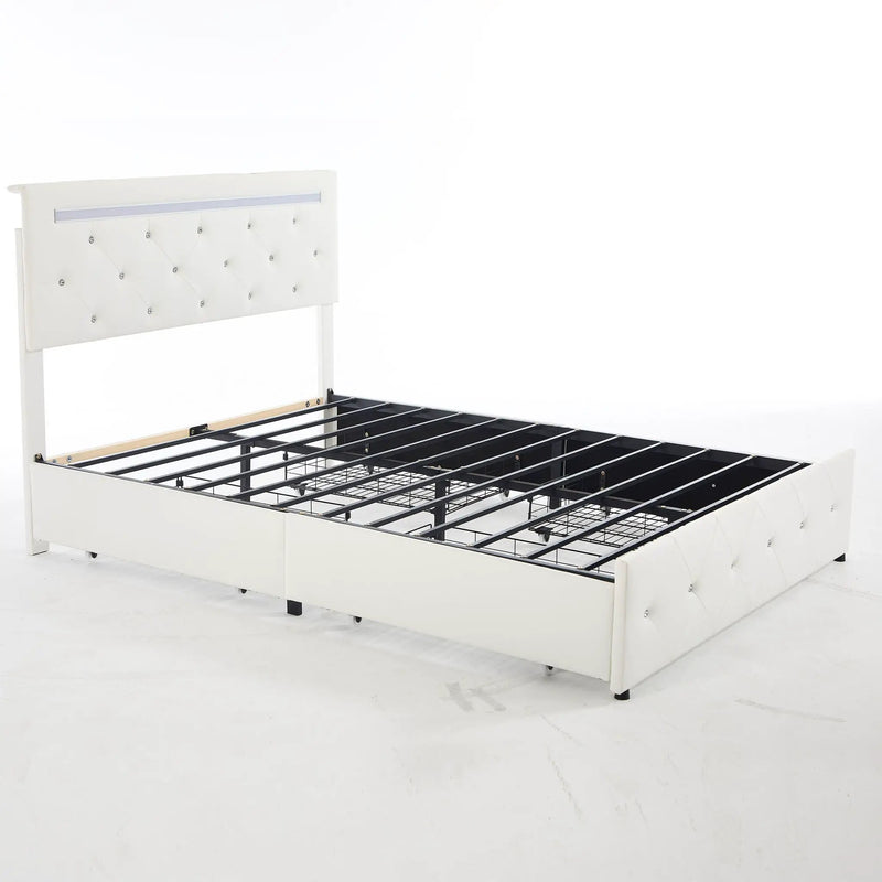 Upholstered Bed Frame With LED Lights, 4 Storage Drawers, Charging Station by HouseOfZazla