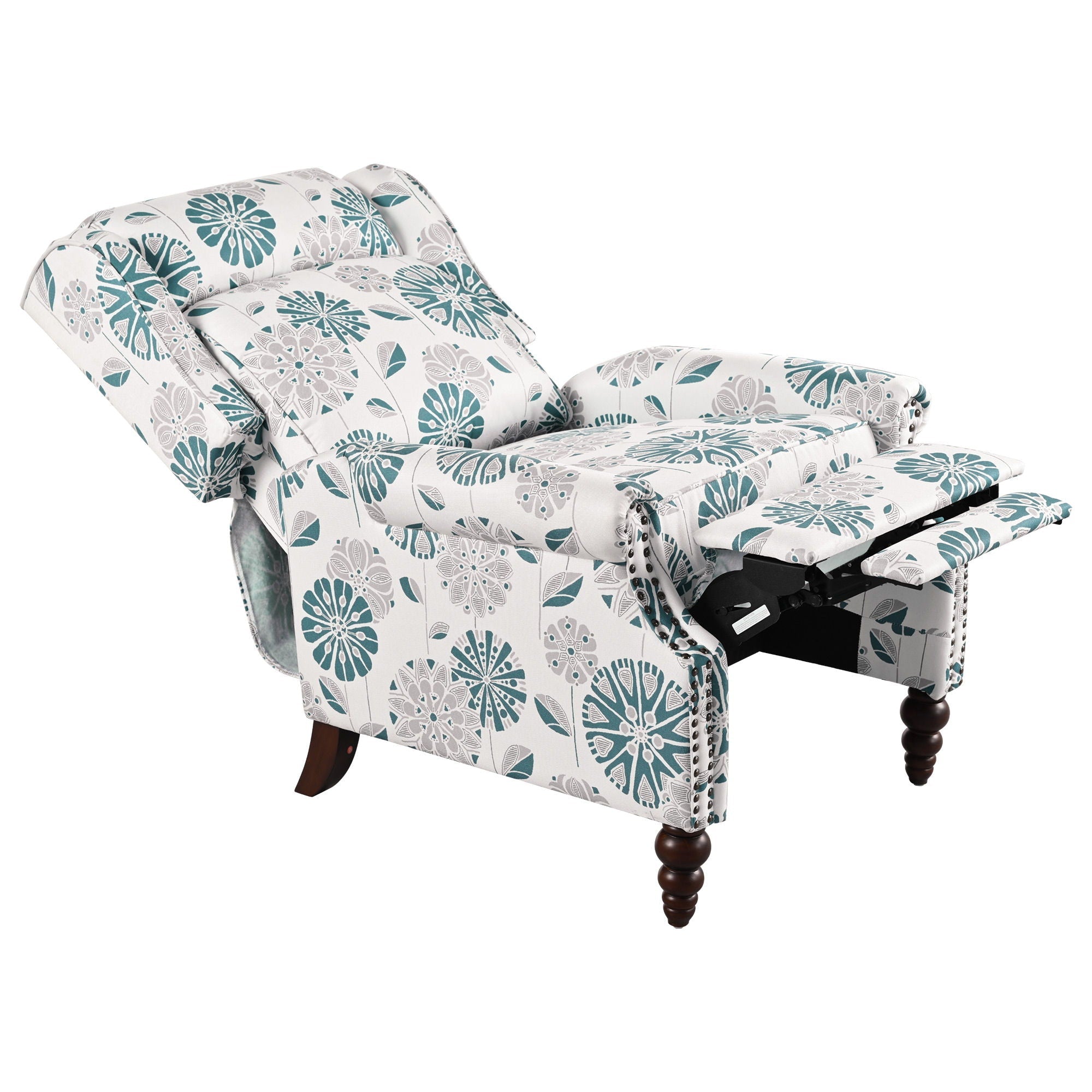 Push Back Recliner Chair Upholstered With Classic Wing Back And Solid Gourd-Shaped Legs