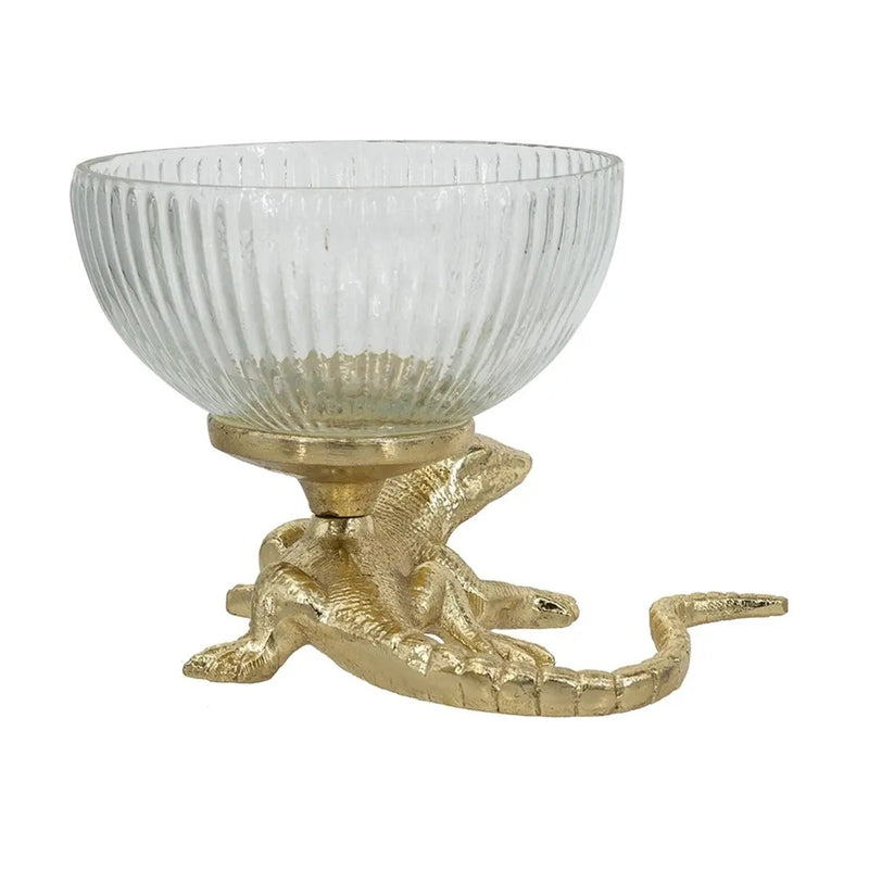 5x5x4.5' Gold Lizard Pedestal Bowl with Ribbed Glass Dish by HouseOfZazla