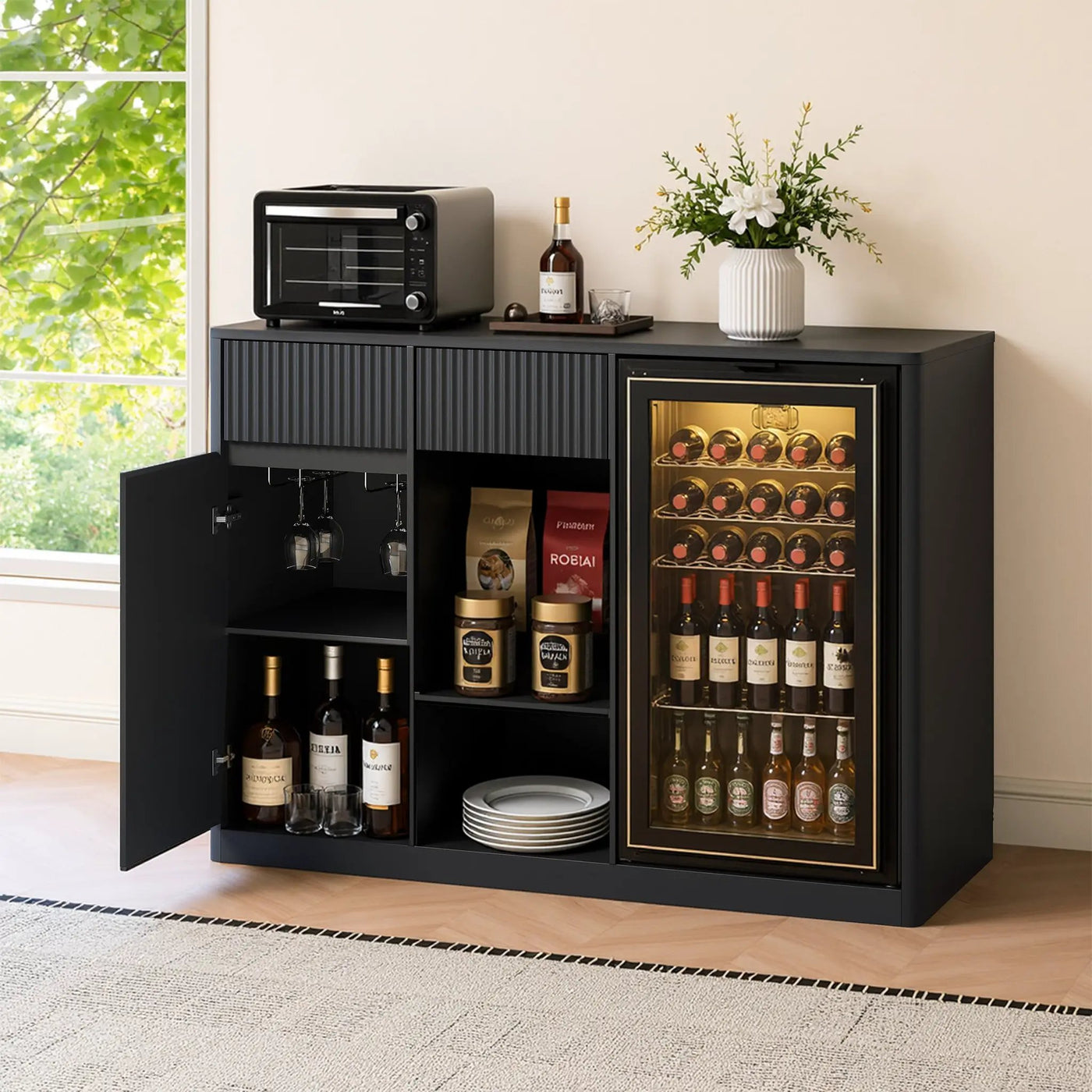51.2" Modern Fluted Bar Cabinet with Fridge Compartment by HouseOfZazla