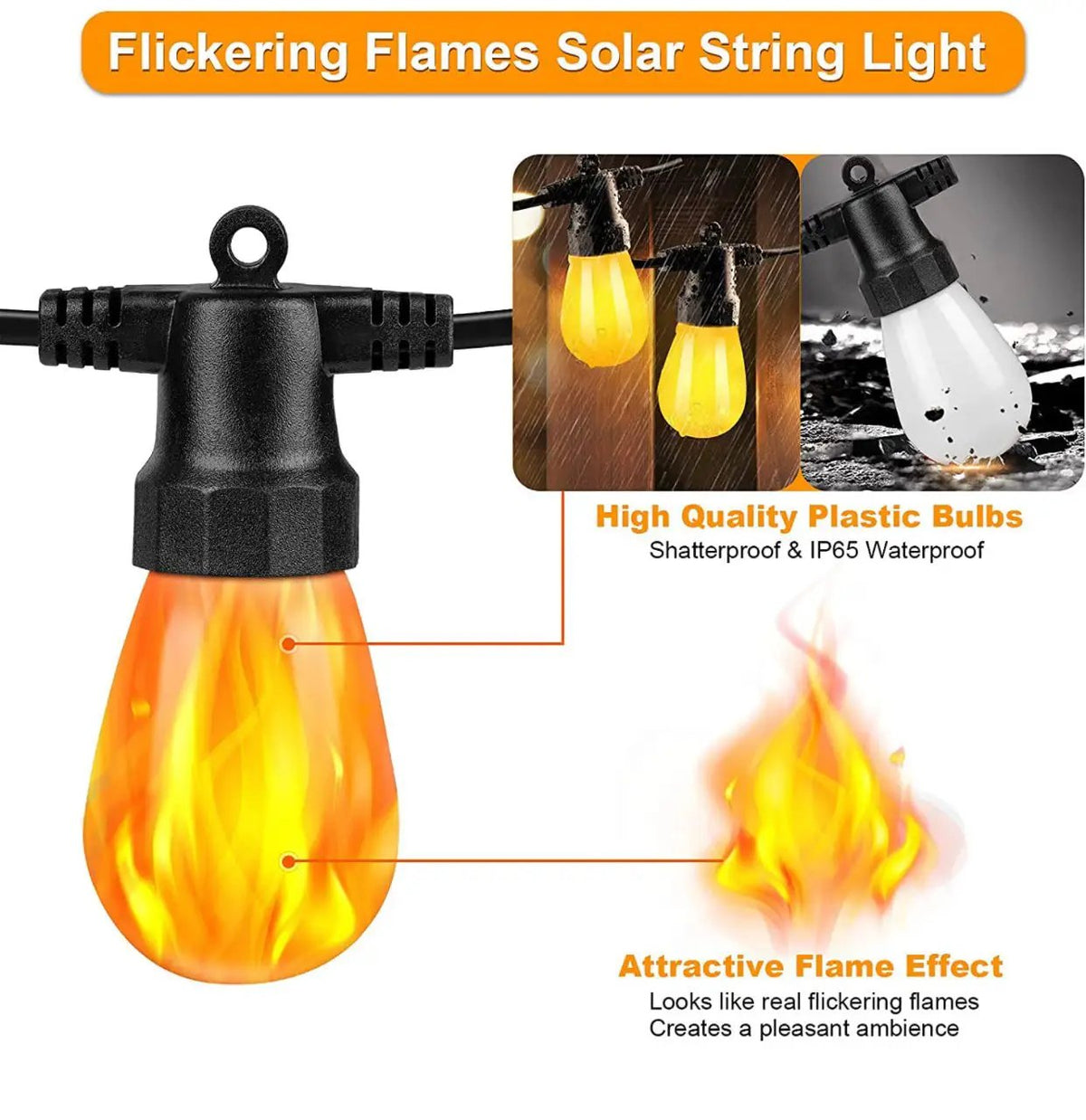 27Ft Solar Flickering LED Bulbs - Solar Panel Powered Hanging String Lights -12 Bulbs by Outdoor Solar Outlet
