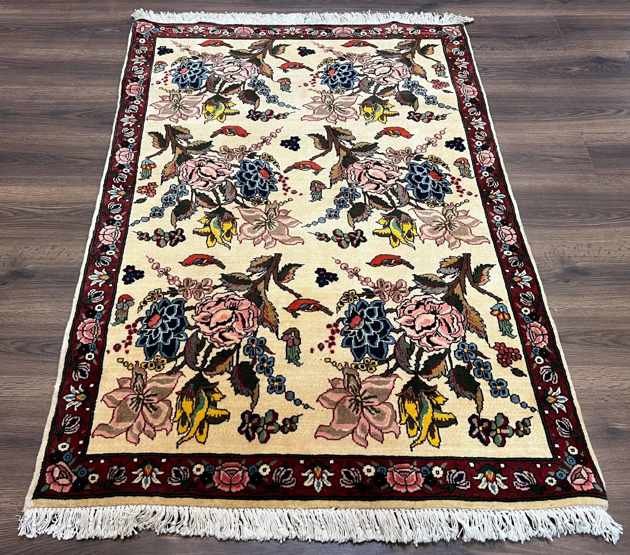 Persian Bidjar Rug 3.6 x 5 ft, Repeated Floral Motifs, Roses and Birds, Cream Burgundy, Fine Wool Oriental Bijar Carpet, Vintage Traditional Area Rug by Jewel Rugs