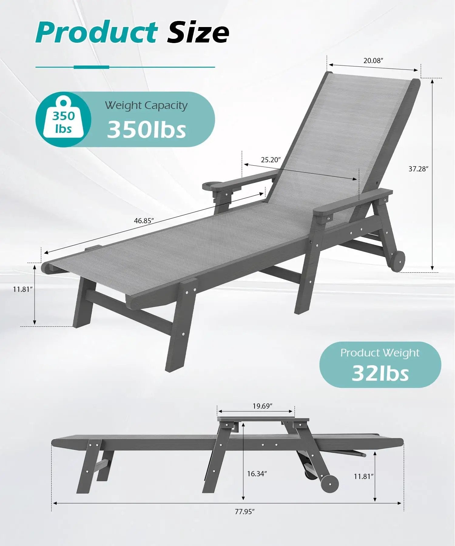 Lounge Chair Outdoor, HDPE Chaise Lounge with Wheels and 5-Position Recliner by HouseOfZazla