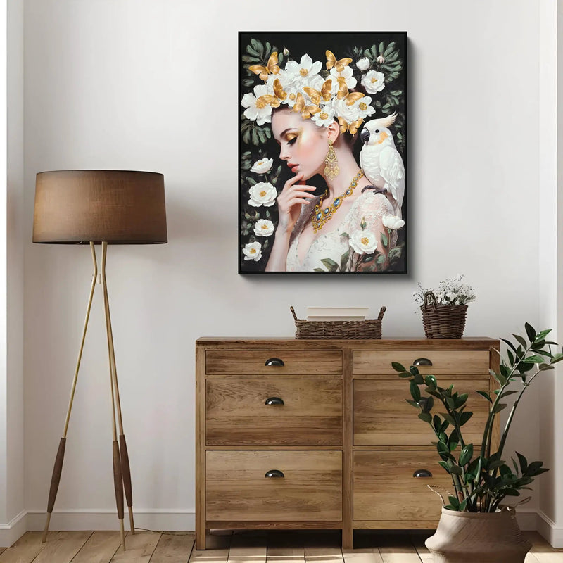 Beauty Posters Beauty Lady Wall Art And Floral Canvas Artwork For Living Room - Ivory / Gold by Unique Piece Furniture