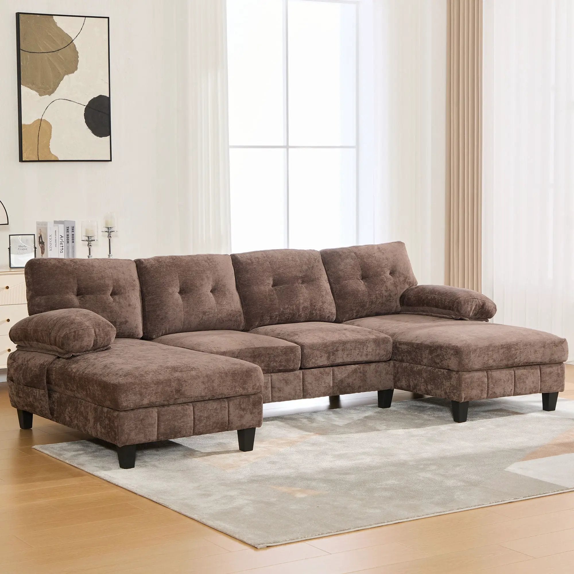 U-Shaped Sectional Sofa 103.5" Fabric Couch With Dual Chaise Lounges, Storage Pockets, Armrest Pillows by HouseOfZazla