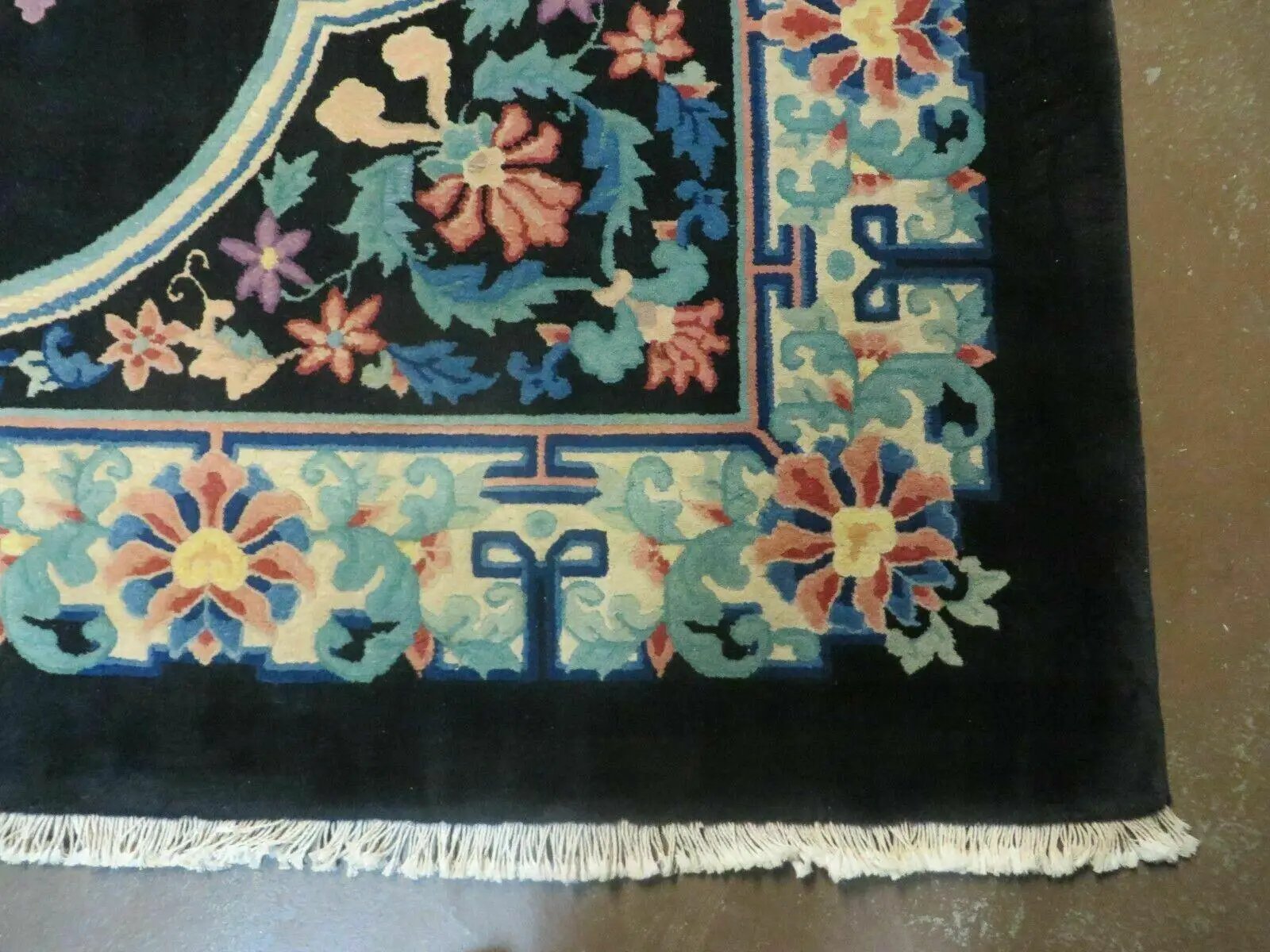 Black Chinese Wool Rug 8x10, Art Deco Floral Carpet, Soft Plush Pile by Jewel Rugs