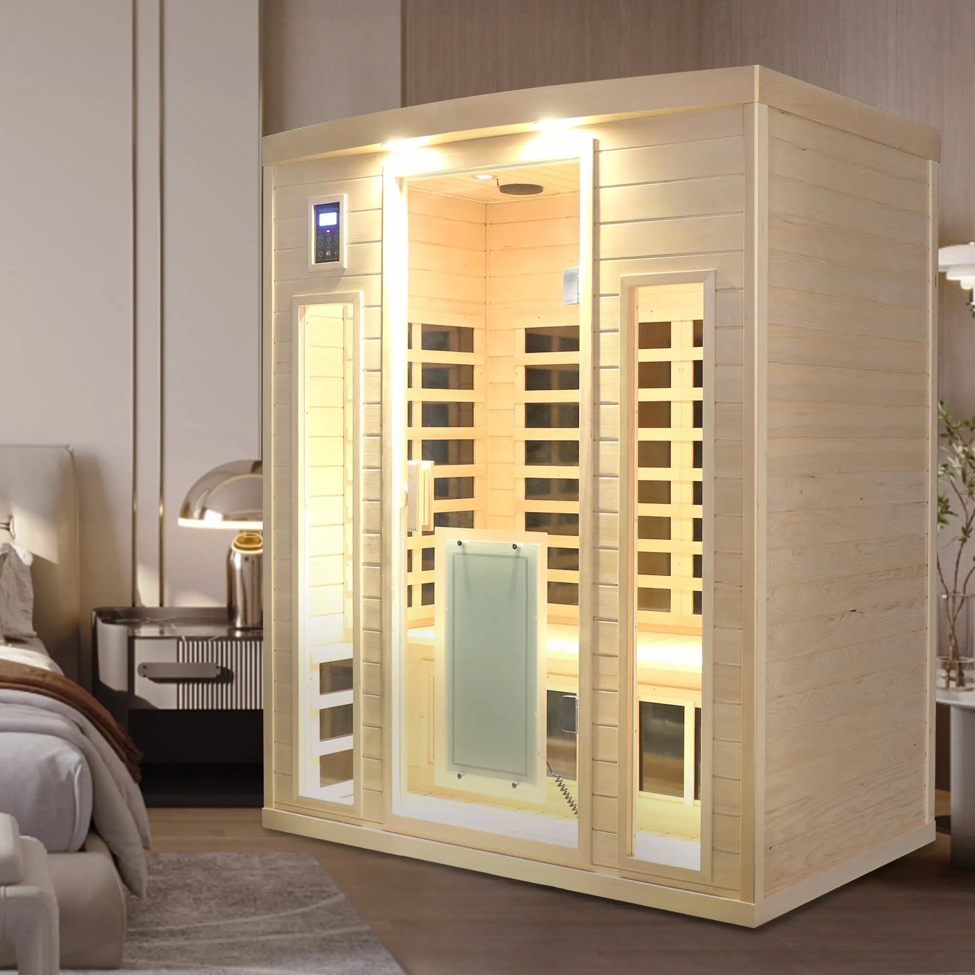 Low EMF, There is also a heating plate on the glass door, Hemlock wood Far-infrared indoor Three person sauna room by HouseOfZazla