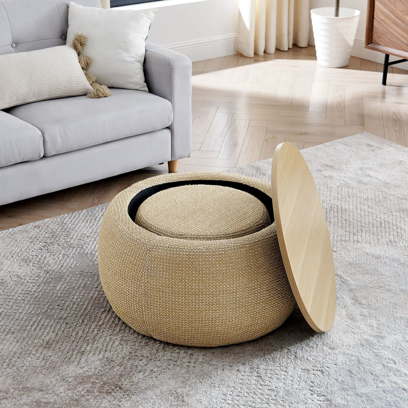 Round Storage Ottoman, 2 In 1 Function, End Table And Ottoman by Unique Piece Furniture