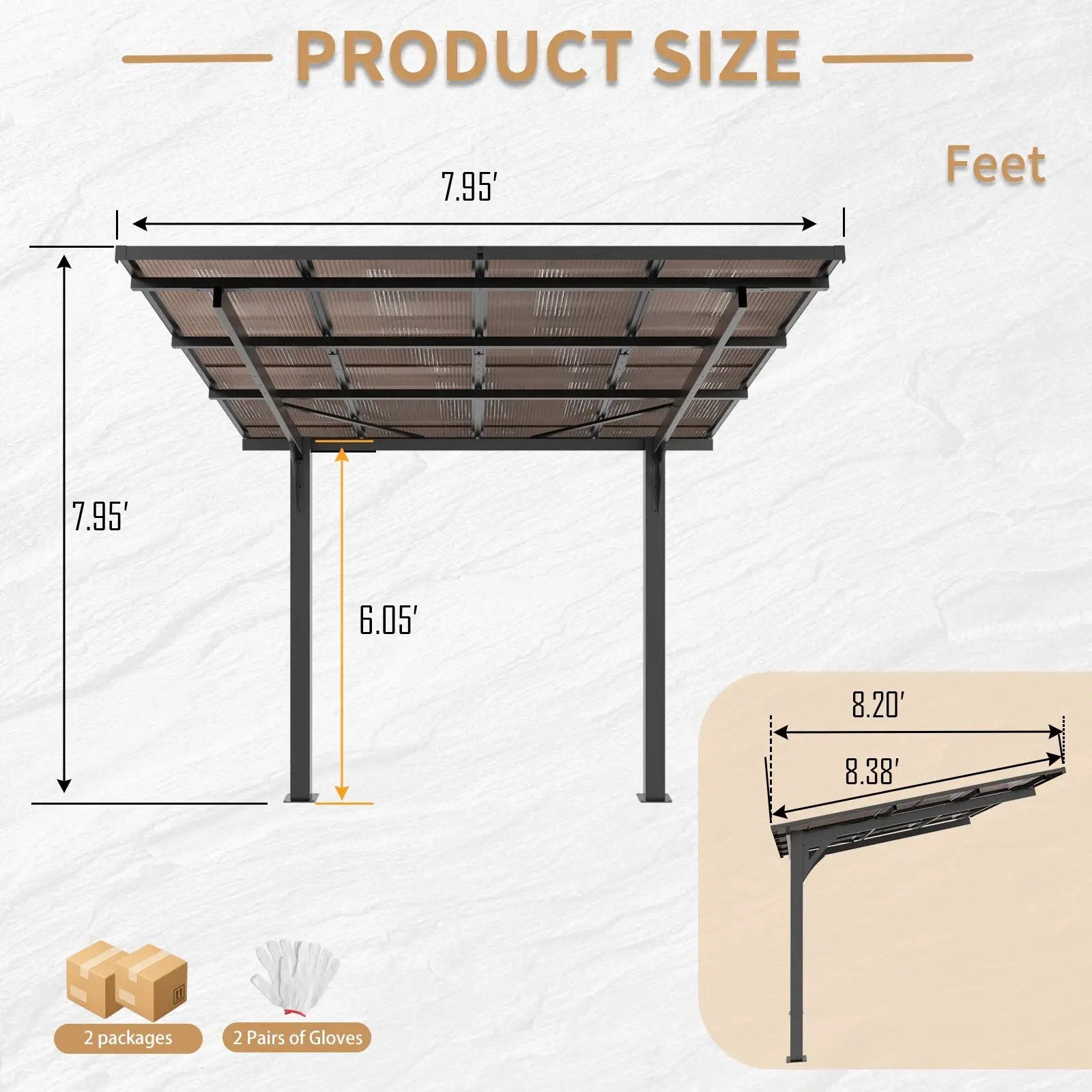8x8FT Outdoor Carport with Galvanized Steel Frame and Sloped PC Roof by HouseOfZazla
