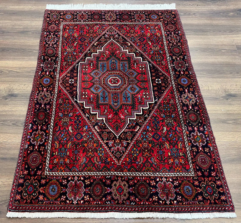 Fine Persian Bidjar Rug 3x5 ft, Ruby Red and Black, Geometric Medallion, Hand Knotted Semi Antique Oriental Bijar Carpet, Wool Area Rug, Tribal Rug by Jewel Rugs