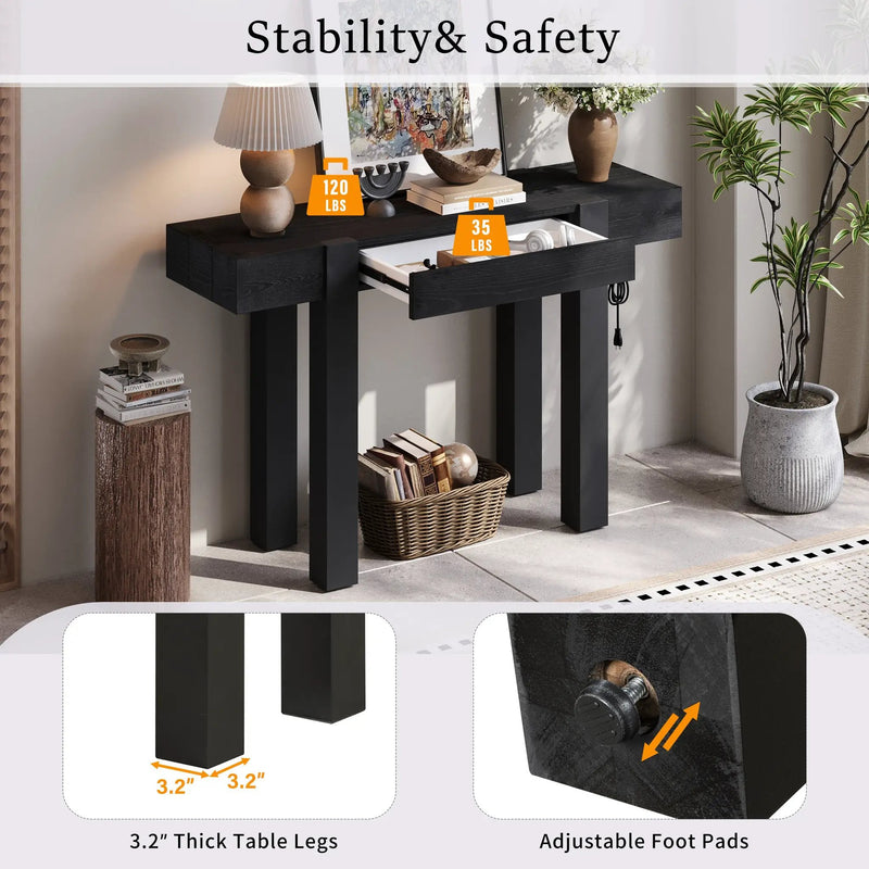 TREXM Rustic Minimalist Console Table with Hidden Drawer, Side Power Outlet by HouseOfZazla