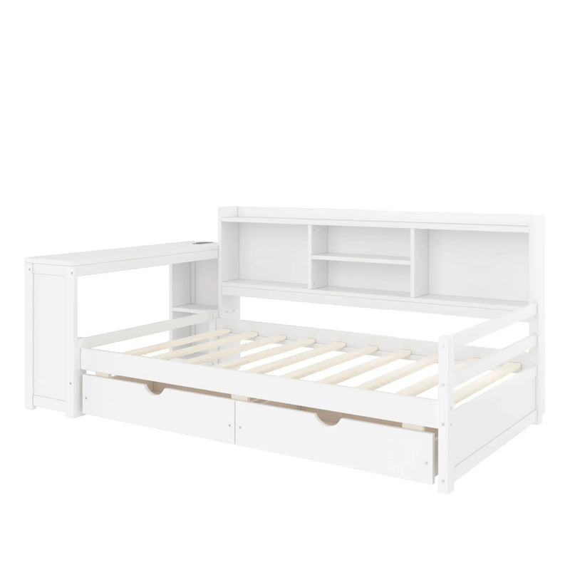 Corner Daybed With Storage Drawers, Desk, Charging Port & Bookcase