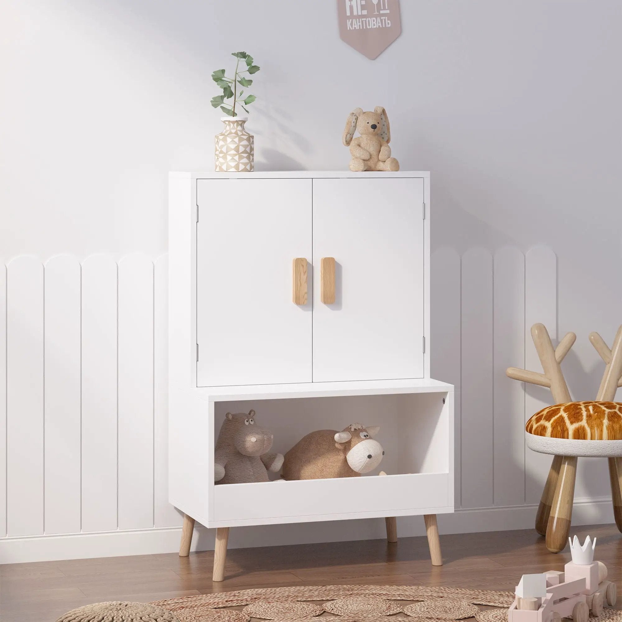 Toy Storage Cabinet With Doors And Open Shelf, Toddler Bookshelf For Playroom - White by Unique Piece Furniture