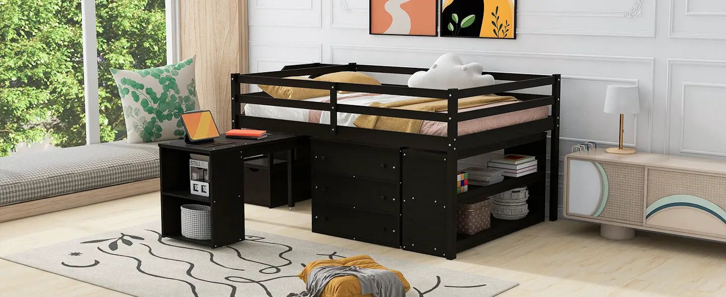 Loft Bed With Retractable Writing Desk And 3 Drawers With Storage Stairs And Shelves by HouseOfZazla