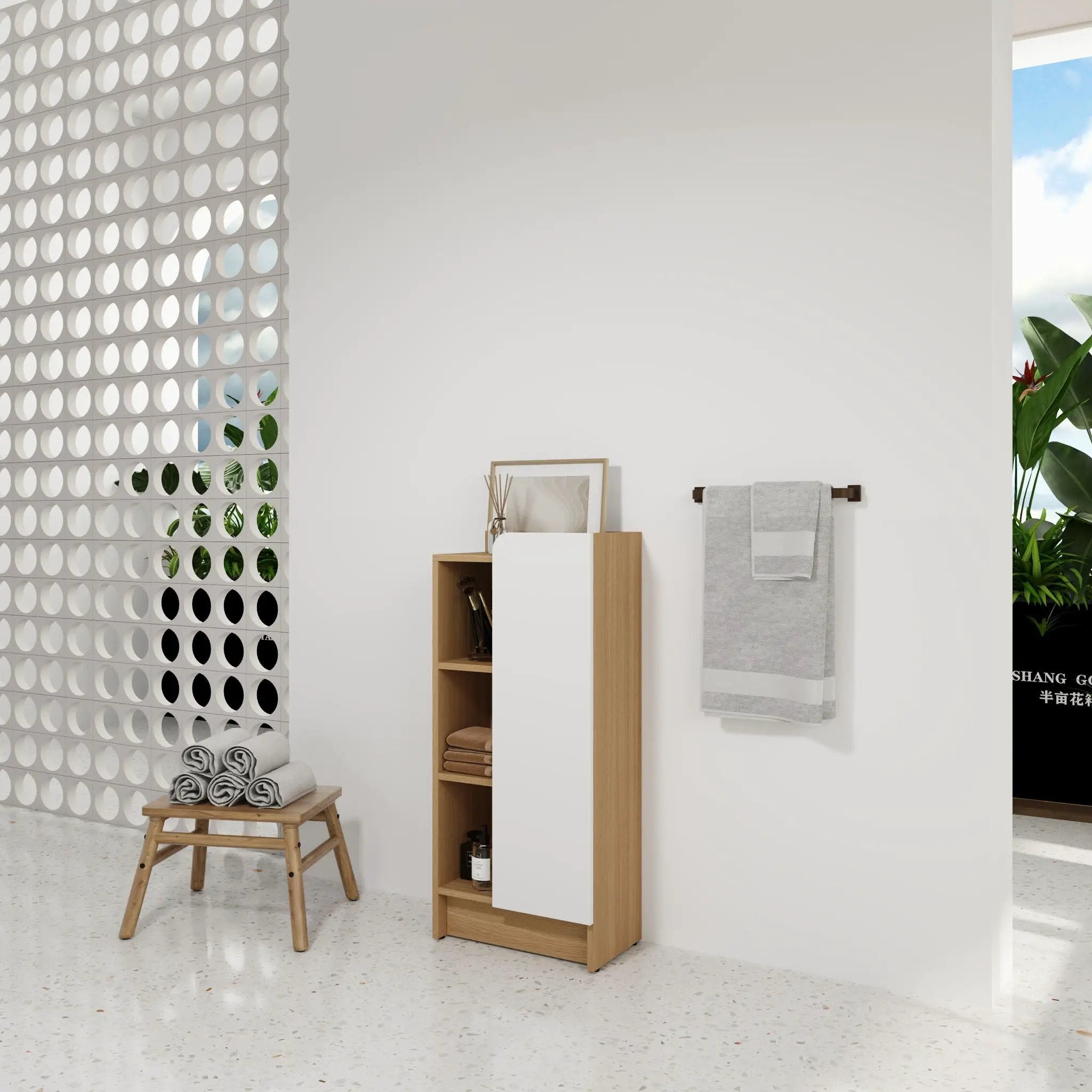 Freestanding Bathroom Side Cabinet, Narrow Storage Cabinet With Single Door & 3 Tier Open Shelves - Black / Light Oak / White by HouseOfZazla