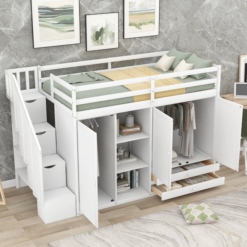 Loft Bed With 3 Shelves, 2 Wardrobes, 2 Drawers, Ladder Storage by Unique Piece Furniture