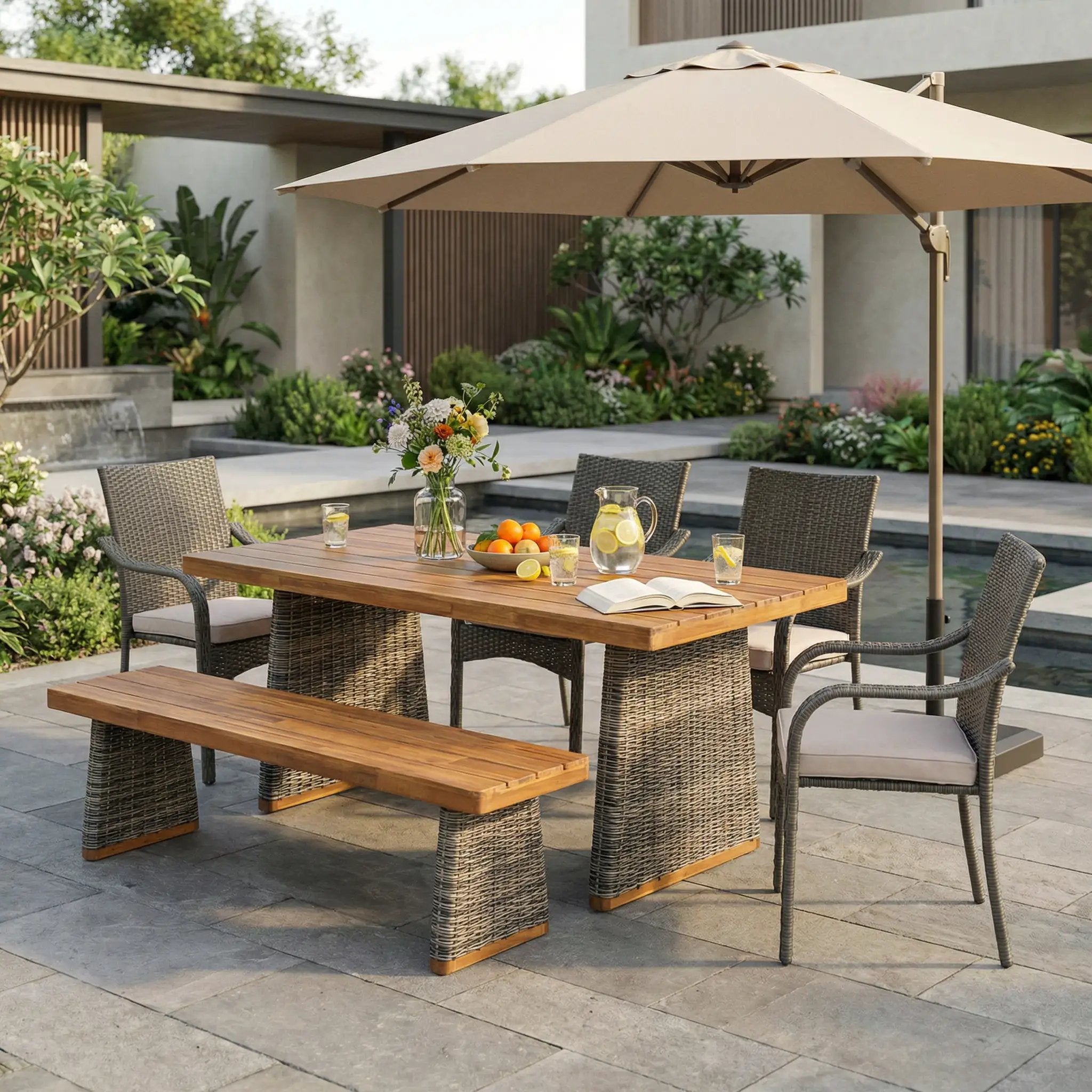 6 Pcs Outdoor Acacia Wood Dining Set with PE Rattan Stacking Chair by HouseOfZazla