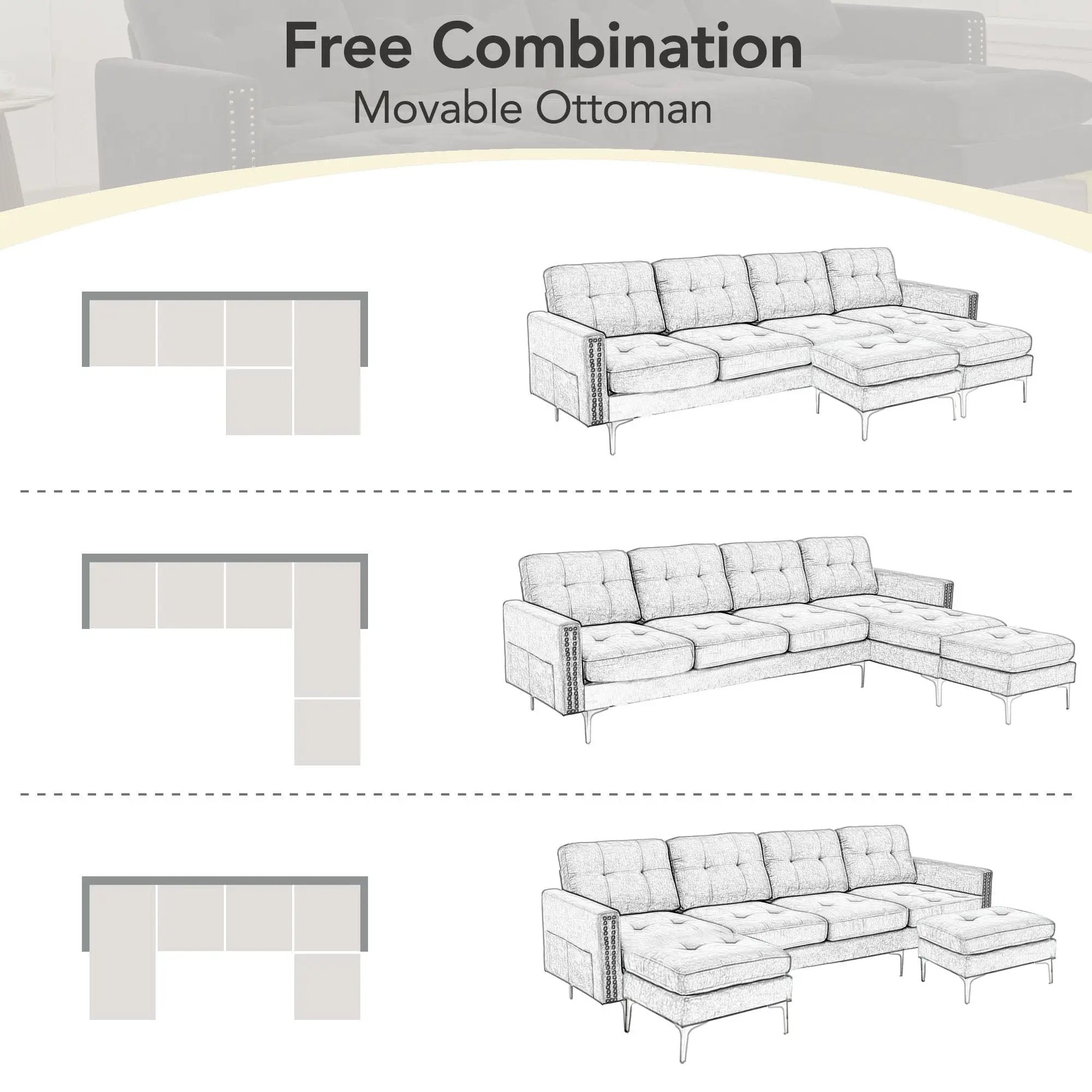 Modern L - Shape Convertible Sectional Sofa With Movable Ottoman by Unique Piece Furniture