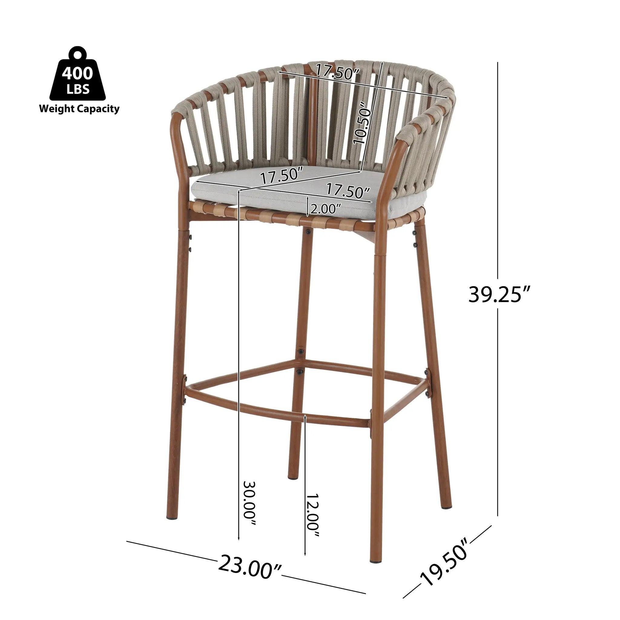Lodi Outdoor Metal Rope Barstool, Teak Finished Frame and Beige Cushion, Set of 4 by HouseOfZazla