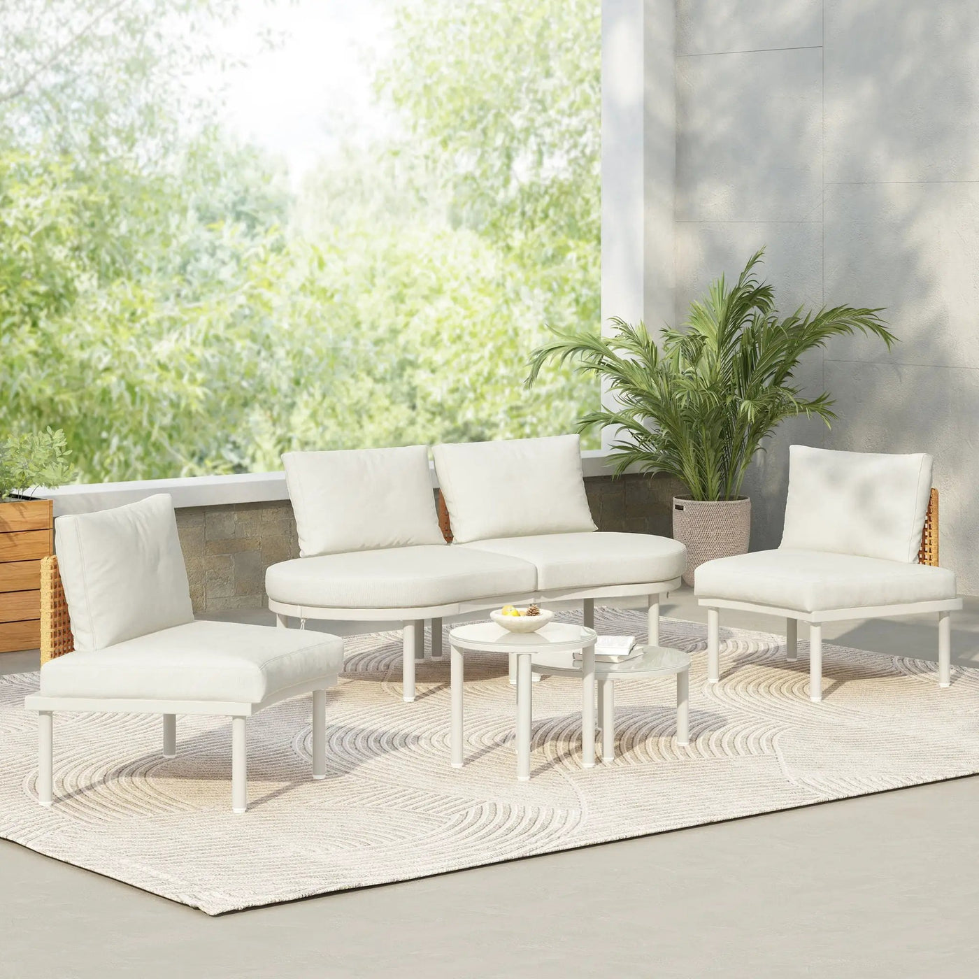 6 Piece Patio Set, Half Moon Outdoor Sectional Sofa With 2 High Low Coffee Tables, 4 Pillows & Cushions by Unique Piece Furniture
