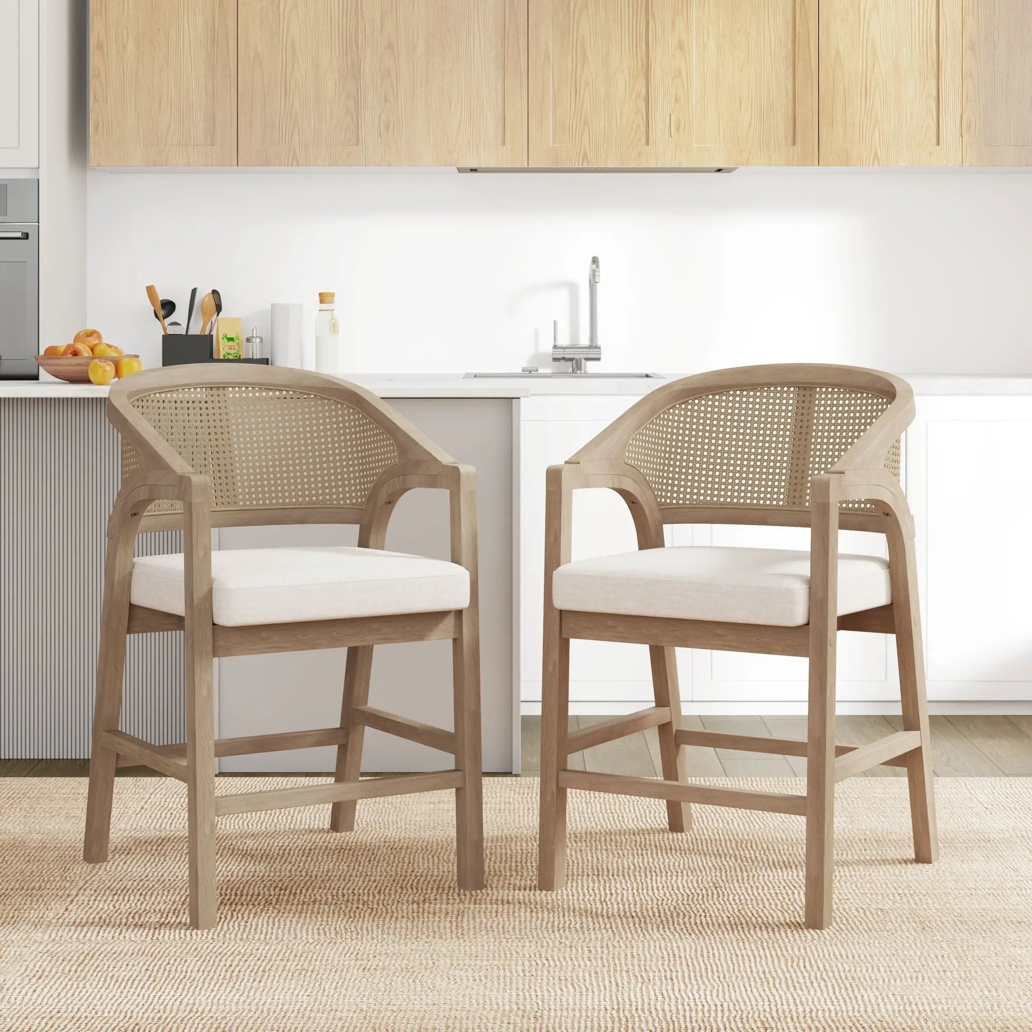 Wooden Frame Counter Stool with Rattan Back - Set of 2 by HouseOfZazla