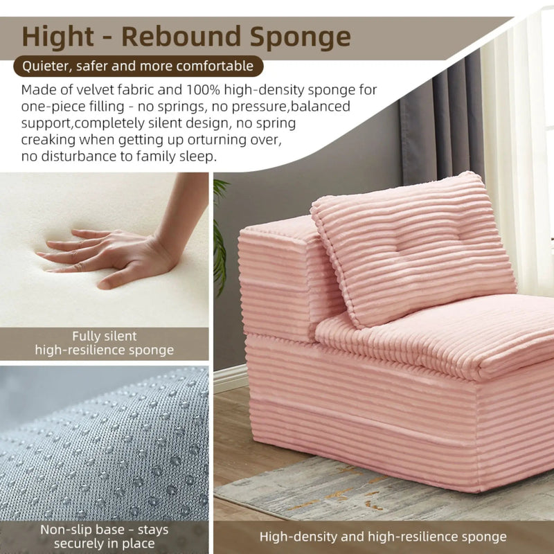 Multi Functional Sectional Sofa Bed With Independent Chaise Lounge And Functional Blanket, Convertible King Size Bed, Deep Seat - Baby Pink by HouseOfZazla