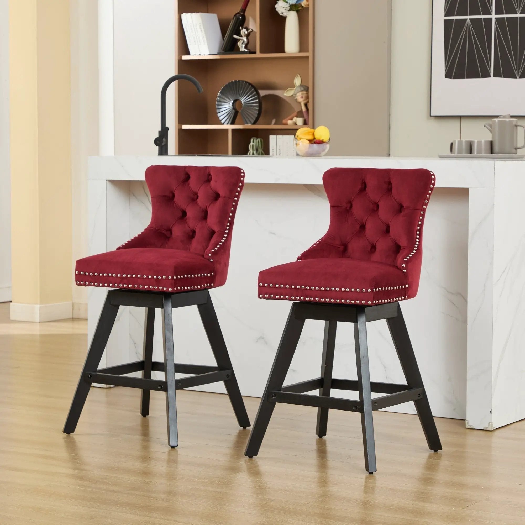 Swivel Velvet Barstools with Button Tufted Decoration - Set of 2 (Wine Red) by HouseOfZazla