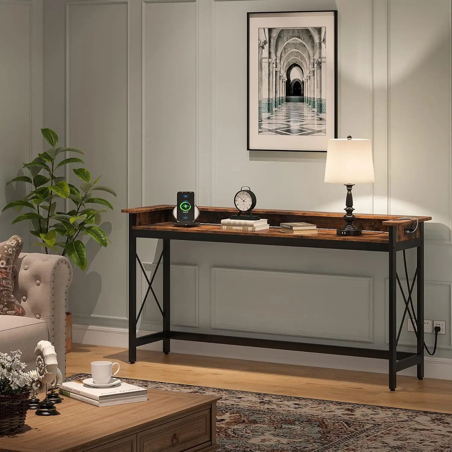 Console Table With Charging Station, Extra Long For Living Hallway - Brown / Black by HouseOfZazla